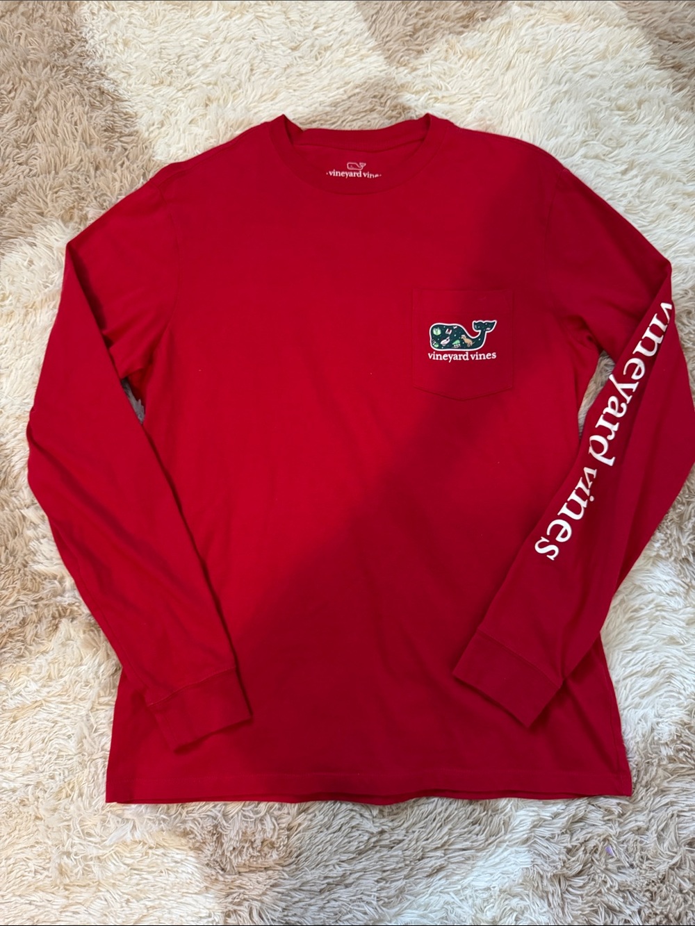 Vineyard Vines Christmas Red Long-Sleeve Pocket Tee with Sleeve Logo